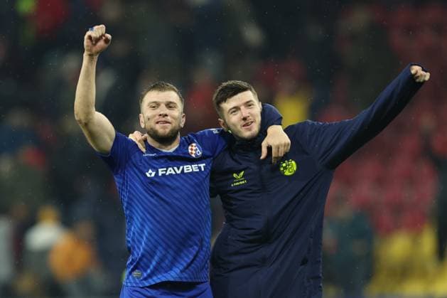 SOCCER - UEFA CL, RBS vs Zagreb SALZBURG,AUSTRIA,23.OCT.24 - SOCCER - UEFA Champions League, Red Bull Salzburg vs GNK Dinamo Zagreb. Image shows the rejoicing of Stefan Ristovski and Petar Sucic (Zagreb).  GEPAxpictures xMathiasxMandl