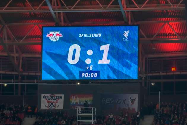GER, Saxony, Leipzig, Champions League RB Leipzig vs Liverpool FC, CHL, UCL, Matchday, Match time 2024 2025, RB Arena, f l in picture LED Screen Final score 0 1, 90 minutes plus 5 minutes injury time, 23 10 2024, Copyright: HMBxMedia UwexKoch