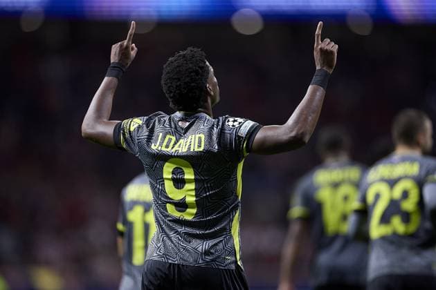 Jonathan David of Lille OSC celebrates after scoring his team s third goal during the UEFA Champions League match between Atletico de Madrid v LSCO Lille at Riyadh Air Metropolitano Stadium on October 23, 2024 in Madrid (Photo by: LGM) FOOTBALL : Atletico de Madrid vs LSCO Lille - UEFA Ligue des Champions - 23 10 2024 LGM Panoramic 