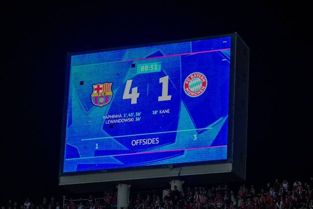 Final score on the scoreboard 4 1, FC Barcelona vs FC Bayern Muenchen, Champions League, Football, Matchday 3, 23 10 2024 Barcelona Catalonia Spain Copyright: xkolbert-press FelipexMondinox