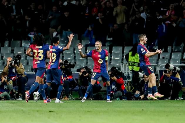 October 23, 2024, Barcelona, Barcelona, SPAIN: Raphinha of FC Barcelona, Barca celebrates a goal during the UEFA Champions League 2024 25 League Phase MD3 match between FC Barcelona and FC Bayern Munchen at Estadi Olimpic Lluis Companys on October 23, 2024 in Barcelona, Spain. Barcelona SPAIN - ZUMAa181 20241023_zaa_a181_149 Copyright: xIrinaxR.xHipolitox