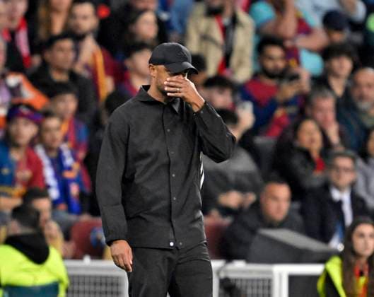 23 10 2024, Football UEFA Champions League 2024 2025, Matchday 3, FC Barcelona FC Bayern Munich, at Estadi Olimpic Lluis Companys Barcelona Coach Vincent Kompany FC Bayern Munich pensive DFL and DFB regulations prohibit any use of photographs as image sequences and or quasi video