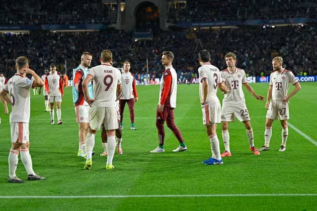 Disappointment among the players after the match, Harry Kane 9 FC Bayern Muenchen , Sven Ulreich 26 FC Bayern Muenchen , Min jae Kim 3 FC Bayern Muenchen , Thomas Mueller 25 FC Bayern Muenchen , Konrad Laimer 27 FC Bayern Muenchen , FC Barcelona vs FC Bayern Muenchen, Champions League, Football, Matchday 3, 23 10 2024 Barcelona Catalonia Spain Copyright: xkolbert-press FelipexMondinox