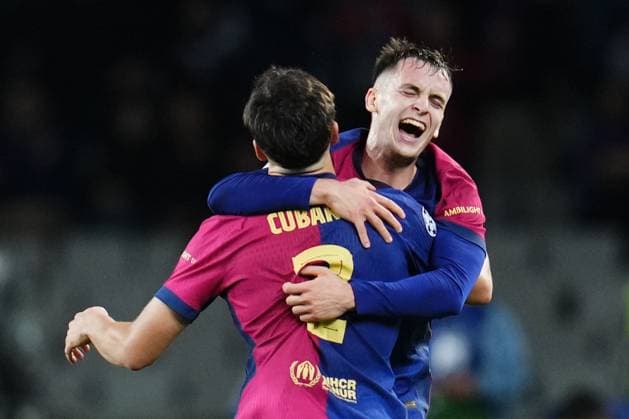 ESP: FC Barcelona, Barca and Bayern Munich. UEFA Champions League. Date 3. Marc Casado of FC Barcelona celebrates the 4-1 with his teammate Pau Cubarsi of FC Barcelona during the UEFA Champions League match between FC Barcelona and Bayern Munich played at Lluis Companys Stadium on October 23, 2024 in Barcelona, Spain. kpng Copyright: xBaguxBlancox xPRESSINPHOTOx PS_241023_BAR_BAY_1210