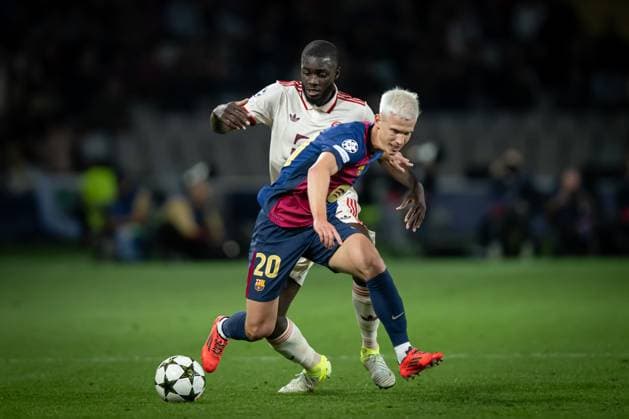 Dayot Upamecano FC Bayern Munich and Dani Olmo FC Barcelona battle for the ball during a UEFA Champions League match between FC Barcelona and Bayern Munich at Estadi Olimpic Lluis Companys in Barcelona, Barcelona, Spain, on October 23 2024 Photo by Felipe Mondino Copyright: x@FELIPExMONDINOx