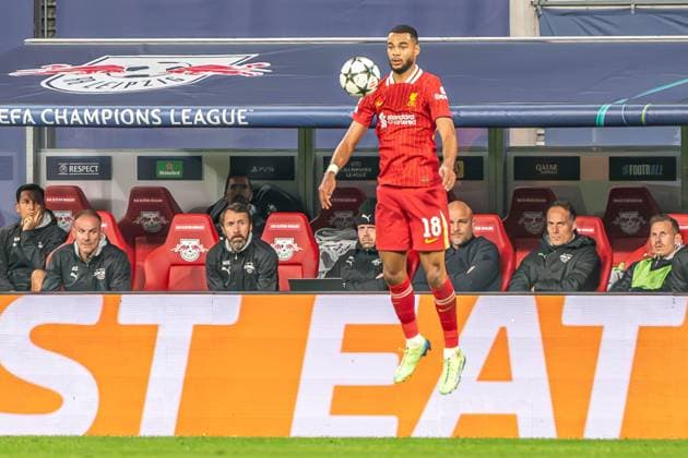 Leipzig, Germany 23 October 2024 Champions League 2024 2025 RB Leipzig vs Liverpool FC In the picture Cody Gakpo Liverpool jumping Copyright: xFotostandx xNachtigallx
