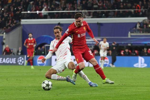 UEFA Champions League RB Leipzig vs Liverpool FC, 23 10 24 Yussuf Poulsen 9, RB Leipzig vs Andy Robertson 26, Liverpool FC Football, UEFA Champions League, Season 2024 2025 RB Leipzig vs Liverpool FC on 23 10 24 at Red Bull Arena, Leipzig Copyright: xBEAUTIFULxSPORTS JanxKaeferx