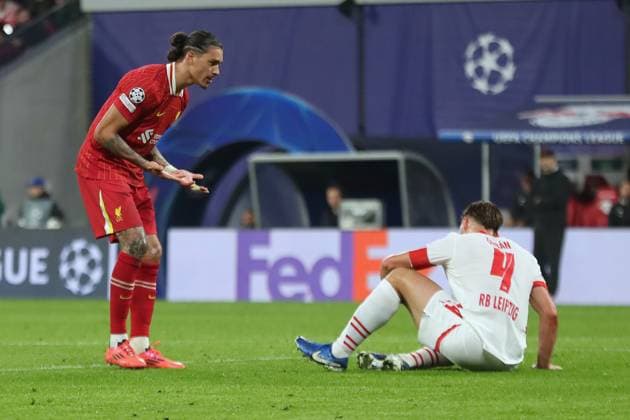 UEFA Champions League RB Leipzig vs Liverpool FC, 23 10 24 Darwin Nunez 9, Liverpool FC verbal vs Willi Orban 4, RB Leipzig football, UEFA Champions League, 2024 2025 season RB Leipzig vs Liverpool FC on 23 10 24 at the Red Bull Arena, Leipzig Copyright: xBEAUTIFULxSPORTS JanxKaeferx