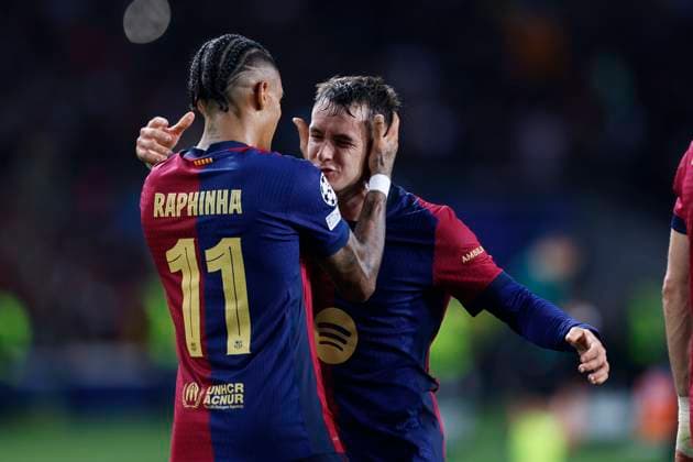 Raphinha, Marc Casado (Barcelona), OCTOBER 23, 2024 - Football Soccer : UEFA Champions League match between FC Barcelona, Barca 4-1 Bayern Munich at the Estadi Olimpic Lluis Companys in Barcelona, Spain. Noxthirdxpartyxsales  (270895125)