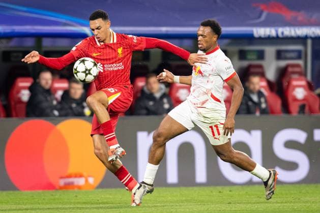 RB Leipzig v Liverpool, UEFA Champions League football, Leipzig, Germany Leipzig, Germany. 23rd, October 2024. Trent Alexander-Arnold (66) of Liverpool and Lois Openda (11) of RB Leipzig seen during the UEFA Champions League match between RB Leipzig and Liverpool at the Red Bull Arena in Leipzig. Germany, Leipzig  Copyright: xGonzalesxPhoto InakixEsnaolax