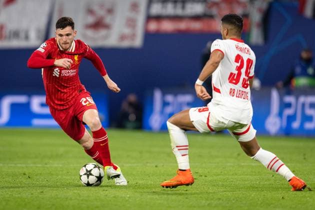 RB Leipzig v Liverpool, UEFA Champions League football, Leipzig, Germany Leipzig, Germany. 23rd, October 2024. Andrew Robertson (26) of Liverpool seen during the UEFA Champions League match between RB Leipzig and Liverpool at the Red Bull Arena in Leipzig. Germany, Leipzig  Copyright: xGonzalesxPhoto InakixEsnaolax
