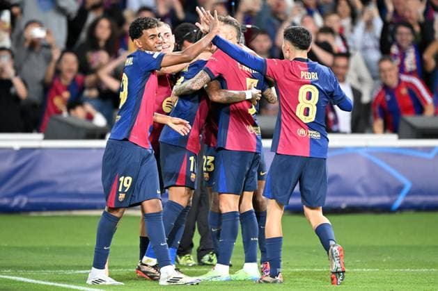 Barcelona, Estadi Olimpic Lluis Companys, 23 10 24, GER, Men, UEFA Champions League, Season 2024 2025, FC Barcelona FC Bayern Muenchen Picture RAPINHA Barcelona cheers after his goal for 3 1 Only for editorial use UEFA regulations prohibit any use of photographs as image sequences and or quasi video Catalonia Spain