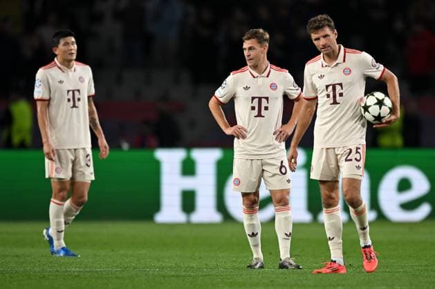Barcelona, Estadi Olimpic Lluis Companys, 23 10 24, GER, Men, UEFA Champions League, Season 2024 2025, FC Barcelona FC Bayern Muenchen Picture from left Min Jae KIM Muenchen , Joshua KIMMICH Muenchen and Thomas MUELLER Muenchen Only for editorial use UEFA regulations prohibit any use of photographs as image sequences and or quasi video Catalonia Spain
