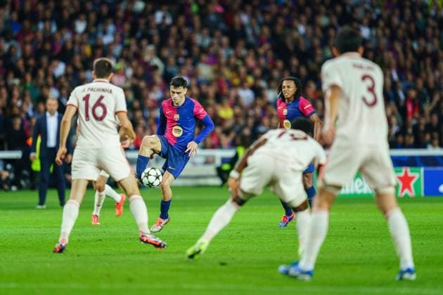 (241024) -- BARCELONA, Oct. 24, 2024 -- Pedri (2nd L) of FC Barcelona, Barca competes during the third round match of UEFA Champions League between FC Barcelona and Bayern Munich in Barcelona, Spain, Oct. 23, 2024. (Photo by Xinhua) (SP)SPAIN-BARCELONA-FOOTBALL-UEFA CHAMPIONS LEAGUE-FC BARCELONA VS BAYERN MUNICH JoanxGosa 