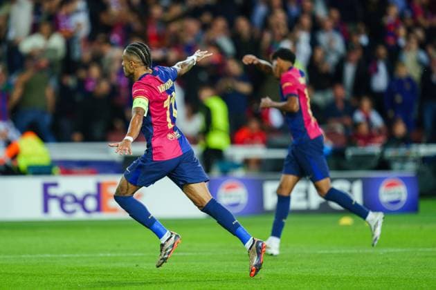 (241024) -- BARCELONA, Oct. 24, 2024 -- Raphinha (L) of FC Barcelona, Barca celebrates his goal during the third round match of UEFA Champions League between FC Barcelona and Bayern Munich in Barcelona, Spain, Oct. 23, 2024. (Photo by Xinhua) (SP)SPAIN-BARCELONA-FOOTBALL-UEFA CHAMPIONS LEAGUE-FC BARCELONA VS BAYERN MUNICH JoanxGosa 