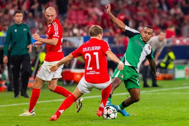 October 23, 2024, Lisbon, Portugal: Fredrik Aursnes (L) and Andreas Schjelderup (C) of SL Benfica and Igor Paixao (R) of Feyenoord seen in action during the UEFA Champions League football match between SL Benfica and Feyenoord at Estadio da Luz Stadium. Lisbon Portugal - ZUMAs197 20241023_aaa_s197_490 Copyright: xHugoxAmaralx