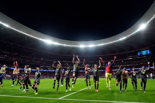 LOSC Lille players celebratint the victory at full time Atletico de Madrid v LOSC Lille, UEFA Champios League match, date 3. Football, Riyadh Air Metropolitano Stadium, Madrid, Spain - 23 Oct 2024 Editorial use only  Copyright: xPressinphoto Shutterstockx 14811648v