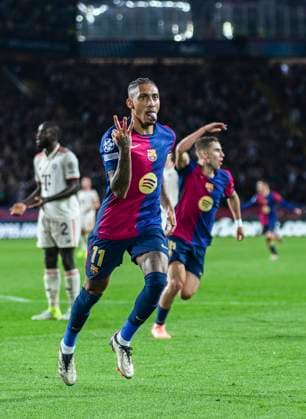 (241024) -- BARCELONA, Oct. 24, 2024 -- Raphinha (front) of FC Barcelona, Barca celebrates his hat-trick during the third round match of UEFA Champions League between FC Barcelona and Bayern Munich in Barcelona, Spain, Oct. 23, 2024. (Photo by Xinhua) (SP)SPAIN-BARCELONA-FOOTBALL-UEFA CHAMPIONS LEAGUE-FC BARCELONA VS BAYERN MUNICH JoanxGosa 