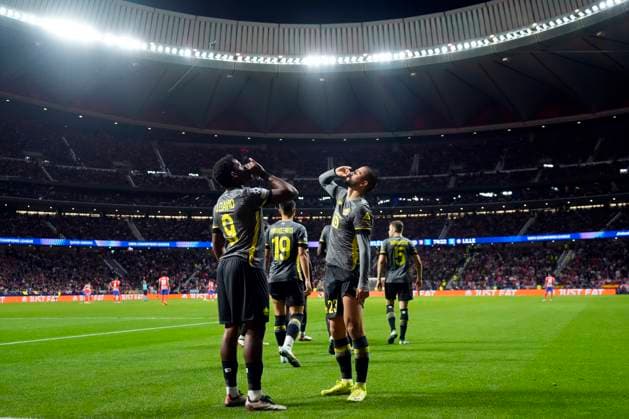 Sport Bilder des Tages ESP: Atletico de Madrid v LOSC Lille. UEFA Champions League. Date 3. Jonathan David of LOSC Lille celebrates after scoring goal during the UEFA Champions League match between Atletico de Madrid v LOSC Lille played at Riyadh Air Metropolitano Stadium on October 23, 2024 in Madrid, Spain. kpng Copyright: xCesarxCebollax xPRESSINPHOTOx PS_241023_ATM_LIL_1274