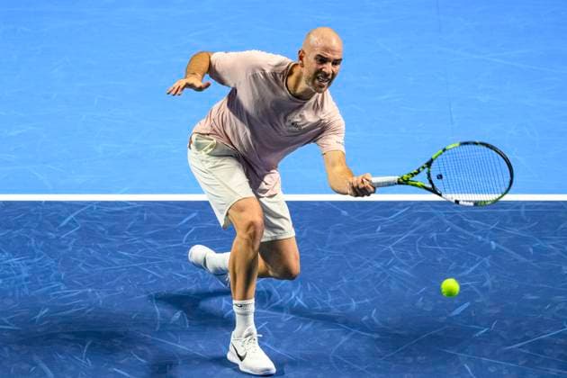 Basel, Switzerland October 23 Adrian Mannarino of France plays a forehand against Stan Wawrinka of Switzerland during the Swiss Indoors Basel Day 3 at St Jakobshalle on October 23, 2024 in Basel, Switzerland Photo by JustPictures Basel St Jakobshalle Basel Stadt Switzerland Copyright: x x2024xEurasiaxSportxImagesx jp-en-EuSpIm-MM4_Swiss_Indoors_23Oct2024_BS0752