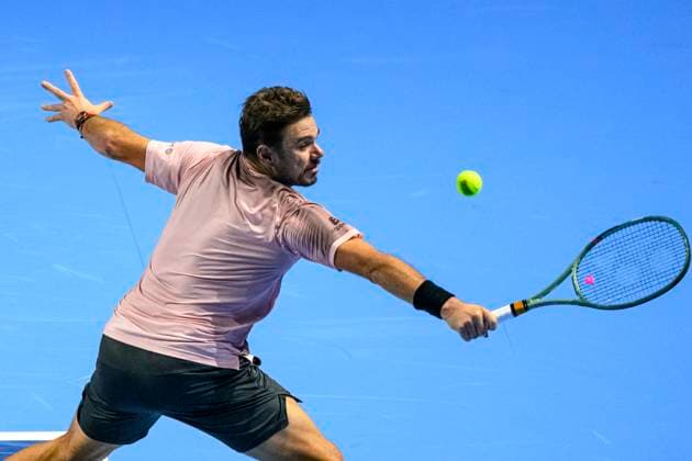 Basel, Switzerland October 23 Stan Wawrinka of Switzerland plays a backhand against Adrian Mannarino of France during the Swiss Indoors Basel Day 3 at St Jakobshalle on October 23, 2024 in Basel, Switzerland Photo by JustPictures Basel St Jakobshalle Basel Stadt Switzerland Copyright: x x2024xEurasiaxSportxImagesx jp-en-EuSpIm-MM4_Swiss_Indoors_23Oct2024_BS0946