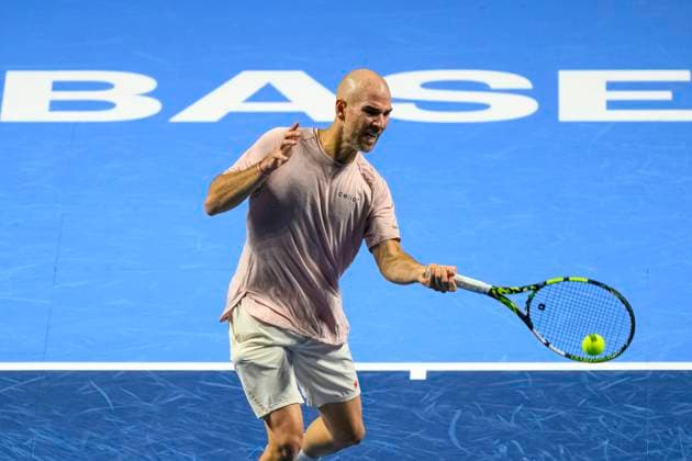 Basel, Switzerland October 23 Adrian Mannarino of France plays a forehand against Stan Wawrinka of Switzerland during the Swiss Indoors Basel Day 3 at St Jakobshalle on October 23, 2024 in Basel, Switzerland Photo by JustPictures Basel St Jakobshalle Basel Stadt Switzerland Copyright: x x2024xEurasiaxSportxImagesx jp-en-EuSpIm-MM4_Swiss_Indoors_23Oct2024_BS1036