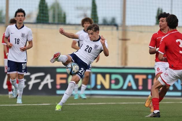 TA™ QALI, MALTA - OCTOBER 24: Igor Tyjon of England shoots at the Malta goal during the UEFA European Under-17 Championship 2025 Group 1 qualifying soccer match between England and Malta at the Centenary Stadium, Ta™ Qali, Malta on October 24, 2024. England v Malta - Under-17 Championship UEFA Qualifying 2025 UEFA_U17_QLFY_25