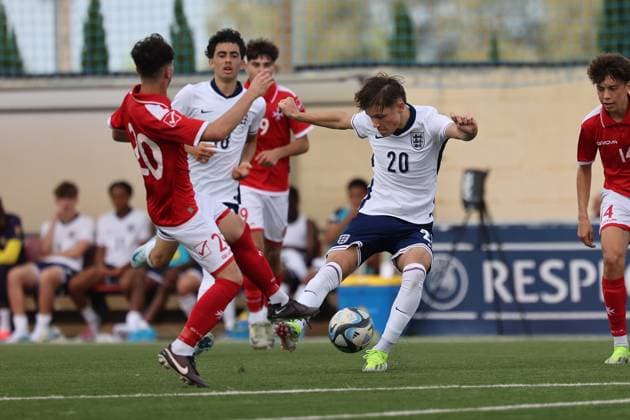 TA™ QALI, MALTA - OCTOBER 24: Igor Tyjon (2nd L) of England shoots to score the 4-0 goal for his team during the UEFA European Under-17 Championship 2025 Group 1 qualifying soccer match between England and Malta at the Centenary Stadium, Ta™ Qali, Malta on October 24, 2024. England v Malta - Under-17 Championship UEFA Qualifying 2025 UEFA_U17_QLFY_25