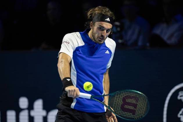 24th October 2024; St. Jakobshalle, Basel, Switzerland; ATP, Tennis Herren 500 Swiss Indoors Basel Tennis, Day 4; Stefanos Tsitsipas (GRE) in action against Botic Van De Zandschulp (NED) in the second round  ActionPlus12706749 DavidxEmm