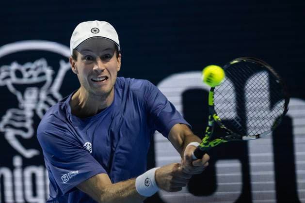 24th October 2024; St. Jakobshalle, Basel, Switzerland; ATP, Tennis Herren 500 Swiss Indoors Basel Tennis, Day 4; Botic Van De Zandschulp (NED) in action against Stefanos Tsitsipas (GRE) in the second round  ActionPlus12706754 DavidxEmm