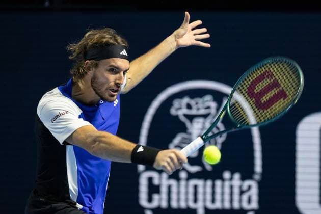 24th October 2024; St. Jakobshalle, Basel, Switzerland; ATP, Tennis Herren 500 Swiss Indoors Basel Tennis, Day 4; Stefanos Tsitsipas (GRE) in action against Botic Van De Zandschulp (NED) in the second round  ActionPlus12706762 DavidxEmm
