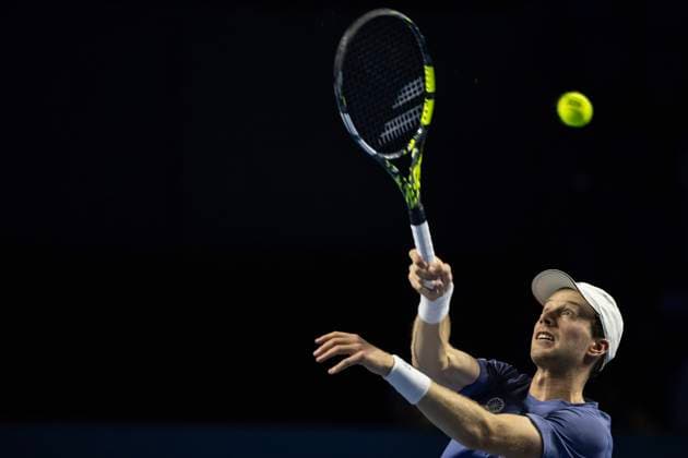 24th October 2024; St. Jakobshalle, Basel, Switzerland; ATP, Tennis Herren 500 Swiss Indoors Basel Tennis, Day 4; Botic Van De Zandschulp (NED) in action against Stefanos Tsitsipas (GRE) in the second round  ActionPlus12706765 DavidxEmm