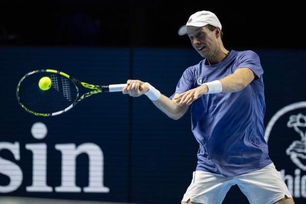 24th October 2024; St. Jakobshalle, Basel, Switzerland; ATP, Tennis Herren 500 Swiss Indoors Basel Tennis, Day 4; Botic Van De Zandschulp (NED) in action against Stefanos Tsitsipas (GRE) in the second round  ActionPlus12706766 DavidxEmm