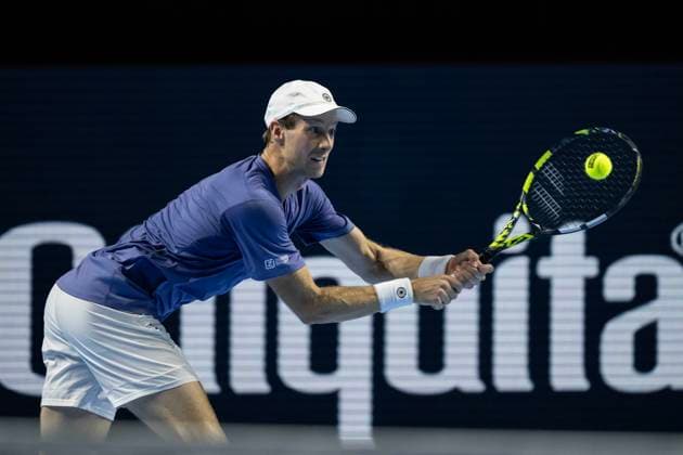 24th October 2024; St. Jakobshalle, Basel, Switzerland; ATP, Tennis Herren 500 Swiss Indoors Basel Tennis, Day 4; Botic Van De Zandschulp (NED) in action against Stefanos Tsitsipas (GRE) in the second round  ActionPlus12706767 DavidxEmm