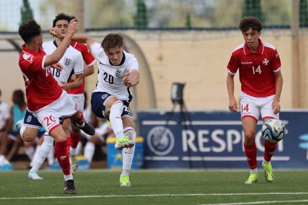 England v Malta - Under-17 Championship UEFA Qualifying 2025 In Ta Qali, Malta, on October 24, 2024, Igor Tyjon (second from left) of England shoots to score the 4-0 goal for his team during the UEFA European Under-17 Championship 2025 Group 1 qualifying soccer match between England and Malta at the Centenary Stadium. Rabat Ta Qali Malta  Copyright: xDomenicxAquilinax originalFilename:aquilina-englandv241024_np0aX.jpg