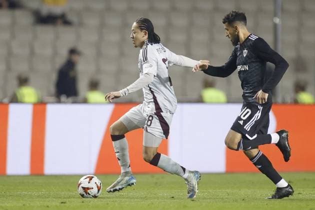 BAKOE, 24-10-2024, Tofiq Bahramov Stadium , season 2024 2025 , Europa League match between FK Qarabag and Ajax . Ajax player Kian Fitz-Jim and Qarabag player Abdellah Zoubir Qarabag - Ajax  x26552876x Copyright: