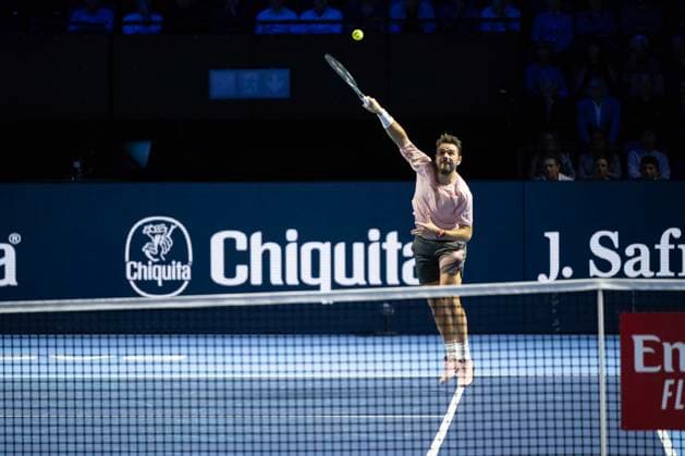 24th October 2024; St. Jakobshalle, Basel, Switzerland; ATP, Tennis Herren 500 Swiss Indoors Basel Tennis, Day 4; Stan Wawrinka (SUI) in action against Ben Shelton (USA) in the second round  ActionPlus12706805 DavidxEmm