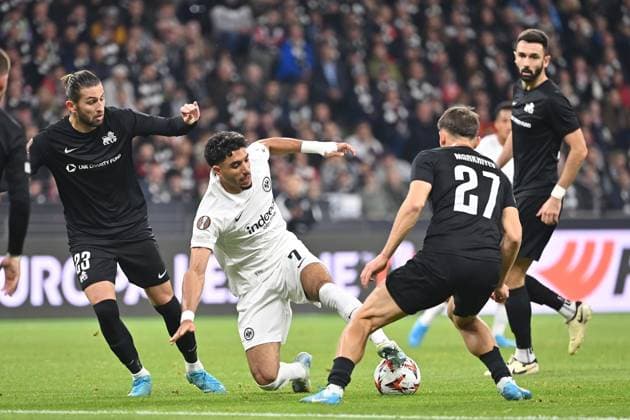 24 10 2024, xjrdrx, Football UEFA Europa League, Eintracht Frankfurt Rigas Futbola Skola emspor, v l Herdi Prenga Rigas Futbola Skola RFS Omar Marmoush Eintracht Frankfurt Adam Markhiyev Rigas Futbola Skola RFS Zweikampf, Aktion, action, battle for the ball DFL DFB REGULATIONS PROHIBIT ANY USE OF PHOTOGRAPHS as IMAGE SEQUENCES and or QUASI VIDEO Frankfurt am Main