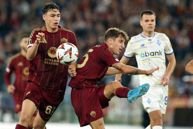 UEFA Europa League - AS Roma vs Dynamo Kiev at Olympic Stadium in Rome on 24th october 2024 Rome, Italy 24.10.2024: Niccolo Pisilli of Roma, Tommaso Baldanzi of Roma during the Uefa Europa League 2024-2025, day 3, football match between AS Roma vs Dynamo Kiev at Olympic Stadium in Rome. Rome Olympic italy italy Copyright: xmarcoxiacobucci