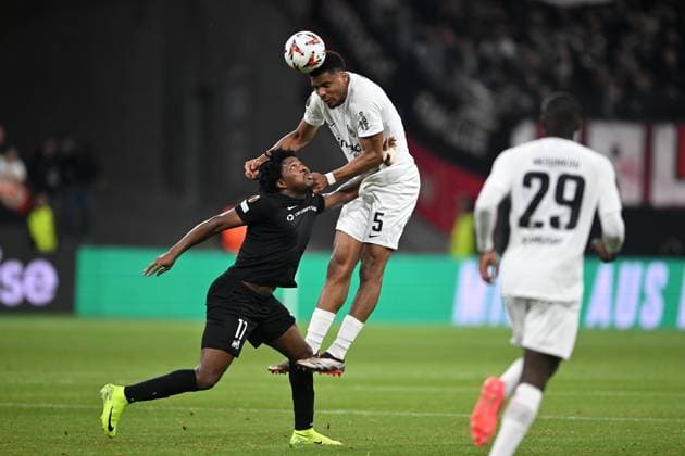 Soccer UEFA Europa League Matchday 3 Eintracht Frankfurt Rigas FS on 24 10 2024 at Deutsche Bank Park in Frankfurt Aurele Amenda Frankfurt , above Roberts Savalnieks Rigas , below xJKx