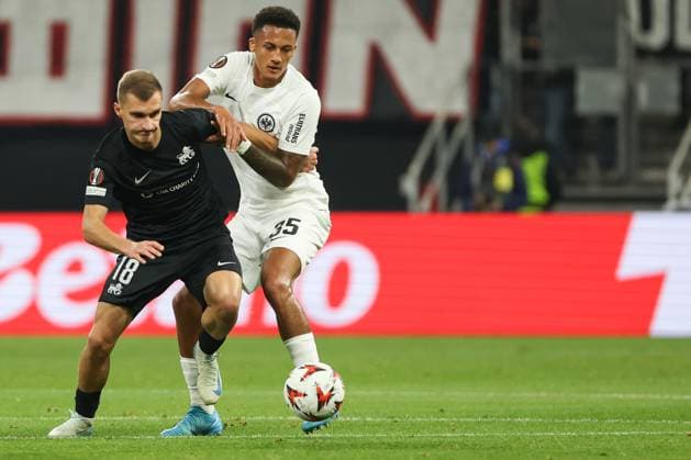 UEFA Europa League Eintracht Frankfurt Rigas FS on 24 10 2024 at Deutsche Bank Park in Frankfurt Tuta Lucas Silva Melo Frankfurt 35 vs Dmitrijs Zelenkovs Riga 18 MH
