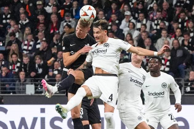 Robin Koch Eintracht Frankfurt, 04 in header duel against Ziga Lipuscek Riga FS, 43 Frankfurt 24 10 2024 Eintracht Frankfurt va Riga FS, Deutsche Bank Park, UEFA Europa League