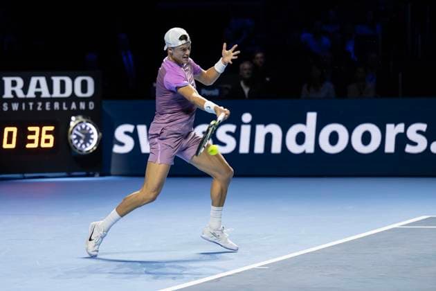 24th October 2024; St. Jakobshalle, Basel, Switzerland; ATP, Tennis Herren 500 Swiss Indoors Basel Tennis, Day 4; Holger Rune (DEN) in action against Dominic Stricker (SUI) in the second round  ActionPlus12706849 DavidxEmm