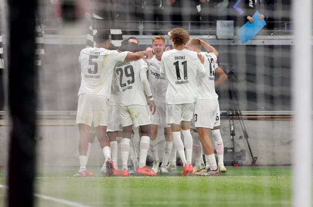 24 10 2024, Football UEFA Europa League, Eintracht Frankfurt FC Riga FS RFS, emonline, emspor, v l , Goal celebration, celebrate the goal by Hugo Larsson Eintracht Frankfurt , Goal celebration, celebrate the goal DFL DFB REGULATIONS PROHIBIT ANY USE OF PHOTOGRAPHS AS IMAGE SEQUENCES AND OR QUASI VIDEO xdcx Copyright: HMBxMedia