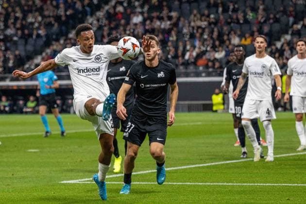 Tuta Eintracht Frankfurt Adam Marhiev Rigas FS fighting for the ball, UEFA Europa League 2024 25 League Phase MD3, Eintracht Frankfurt v FC RFS, Deutsche Bank Park, 24 10 2024, Frankfurt am Main, Germany not used in POL SRB CRO FRA GBR NED ITA USA Defodi 747 WD1 7691 Defodi-747 not used in POL SRB CRO FRA GBR NED ITA USA