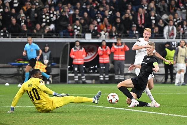 Soccer UEFA Europa League Matchday 3 Eintracht Frankfurt Rigas FS on 24 10 2024 at Deutsche Bank Park in Frankfurt Goal kick to 1 0 by Hugo Larsson Frankfurt xJKx