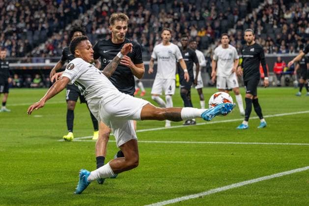 Tuta Eintracht Frankfurt Adam Marhiev Rigas FS fighting for the ball, UEFA Europa League 2024 25 League Phase MD3, Eintracht Frankfurt v FC RFS, Deutsche Bank Park, 24 10 2024, Frankfurt am Main, Germany not used in POL SRB CRO FRA GBR NED ITA USA Defodi 747 WD1 7710 Defodi-747 not used in POL SRB CRO FRA GBR NED ITA USA