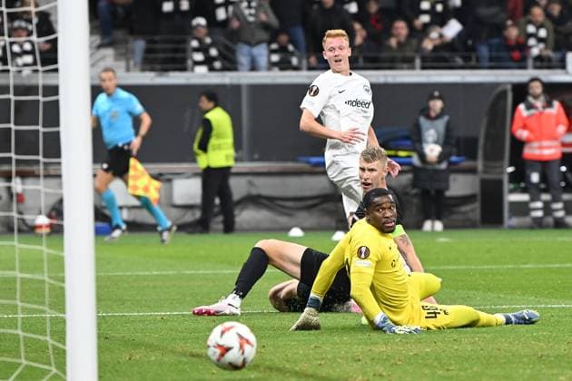 Soccer UEFA Europa League Matchday 3 Eintracht Frankfurt Rigas FS on 24 10 2024 at Deutsche Bank Park in Frankfurt Goal kick to 1 0 by Hugo Larsson Frankfurt xJKx