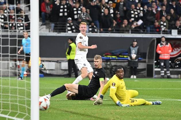 Soccer UEFA Europa League Matchday 3 Eintracht Frankfurt Rigas FS on 24 10 2024 at Deutsche Bank Park in Frankfurt Goal kick to 1 0 by Hugo Larsson Frankfurt xJKx