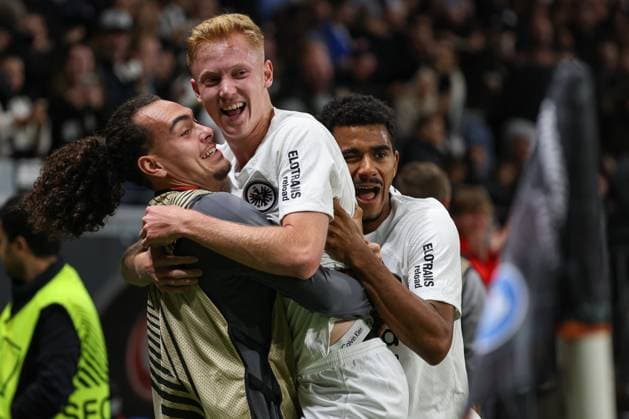 UEFA Europa League Eintracht Frankfurt Rigas FS on 24 10 2024 at Deutsche Bank Park in Frankfurt Cheers, goal celebration, goal scorer Hugo Larsson Frankfurt 16 celebrates after his goal to make it 1 - 0 with Arthur Theate Frankfurt 3 and Tuta Lucas Silva Melo Frankfurt 35 MH